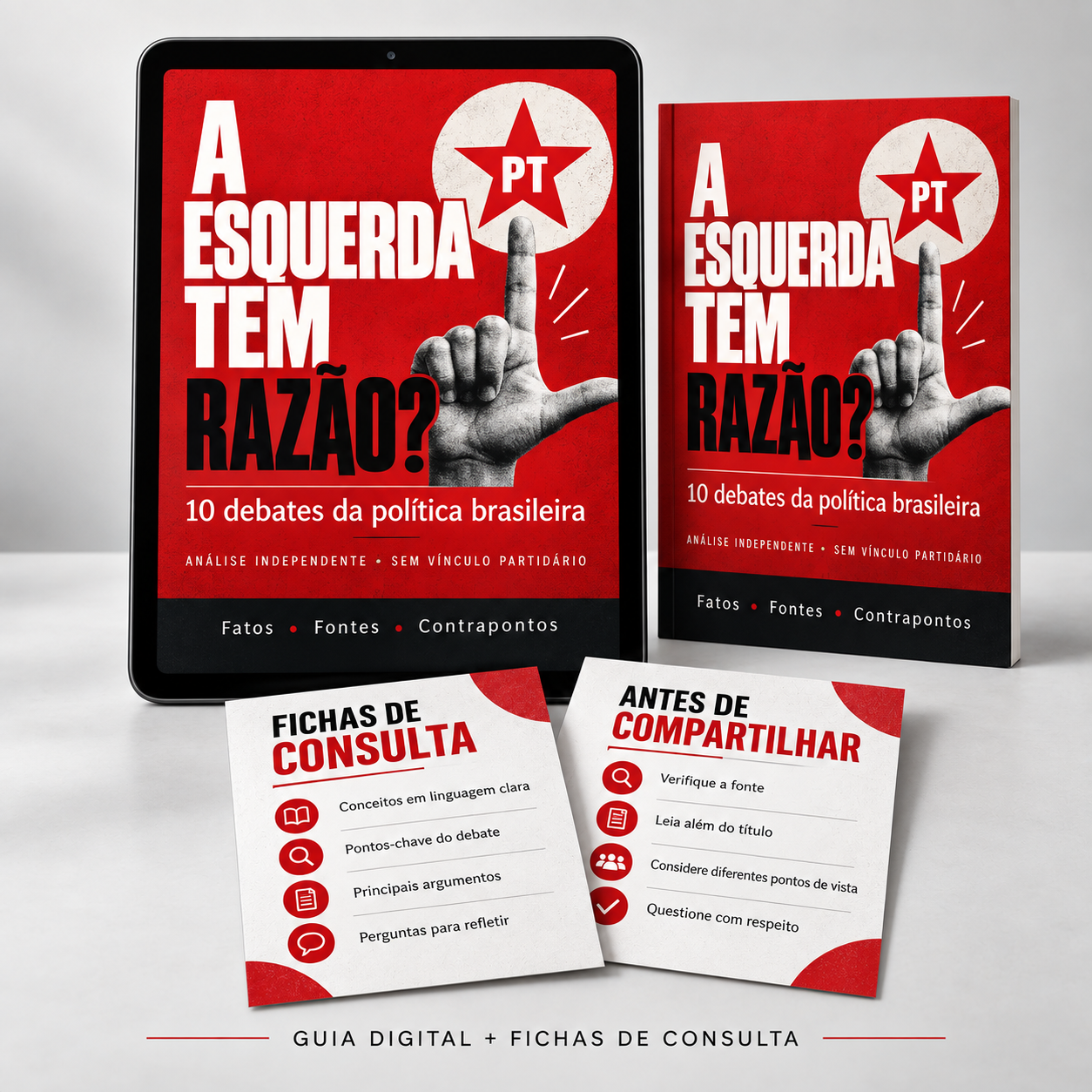 Mockup do guia digital, livro e fichas de consulta A Esquerda Tem Razão?