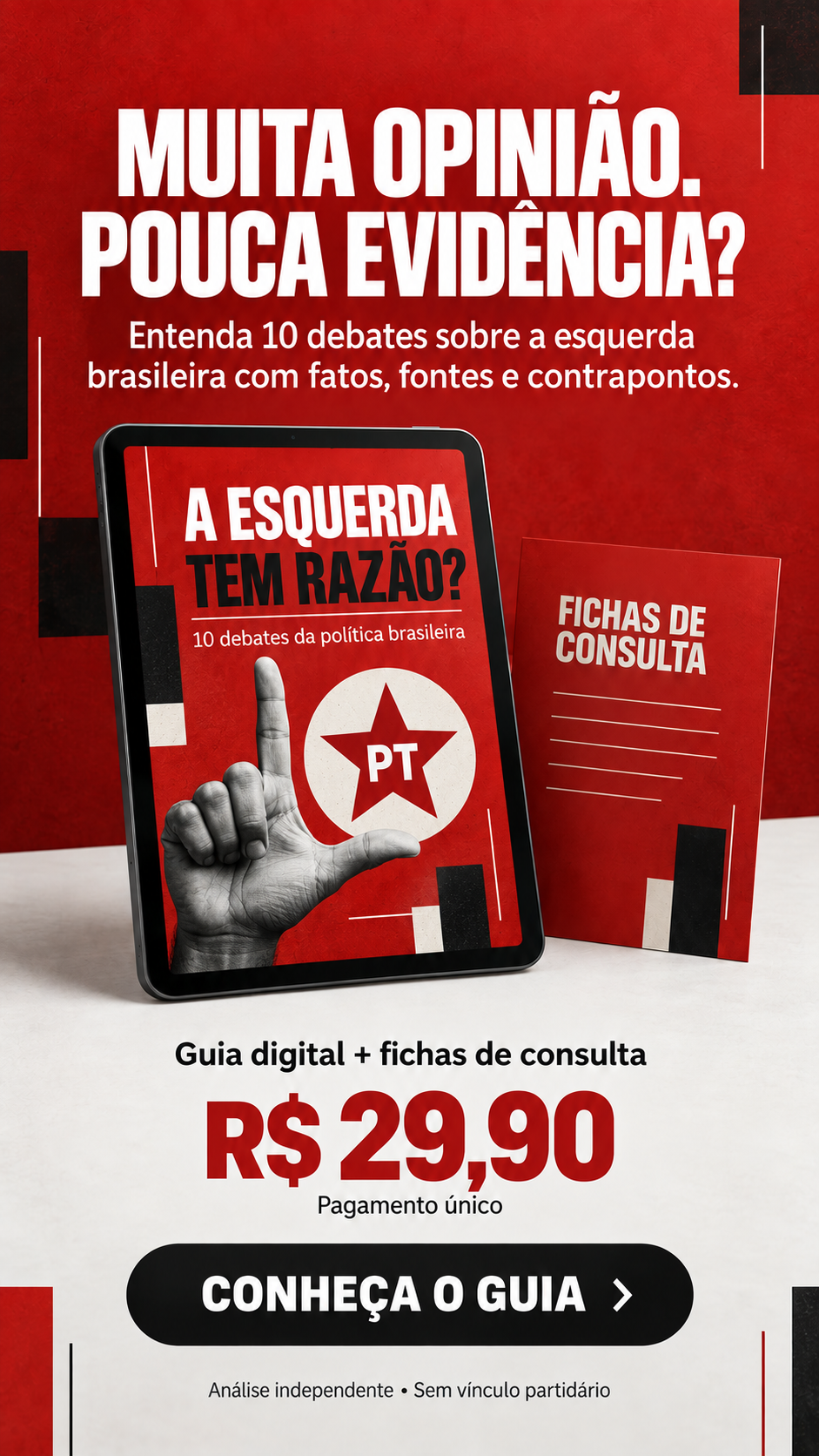 Anúncio do guia A Esquerda Tem Razão? com fichas de consulta e preço de R$ 29,90